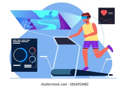 cinta de correr virtual ejecutando diseño de ilustración plana en casa