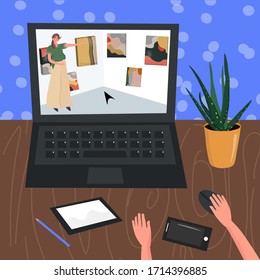 A Virtual Trip To The Museum. Online Visit To The Art Gallery. Contemporary Art Gallery. Home Hobby For Self Isolation. Vector Flat Illustration With  A Man Who Is Watching An Exhibition On A Laptop.