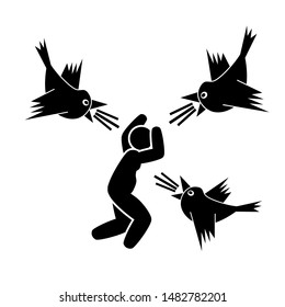 virtual trolling, a flock of loud birds screaming  around running person