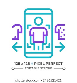 Virtual try on two color line icon. Online shopping experience. VR fitting. AR mobile application bicolor outline symbol. Duotone linear pictogram. Isolated illustration. Editable stroke