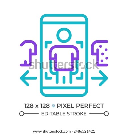 Virtual try on two color line icon. Online shopping experience. VR fitting. AR mobile application bicolor outline symbol. Duotone linear pictogram. Isolated illustration. Editable stroke