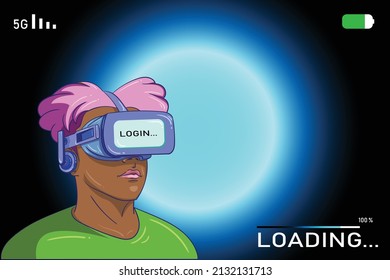 Virtual Universe Loading Screen User Interface Concept with Boy using VR Gadget to enter infinity world in cartoon style vector illustration. best for tech campaign content, game creator, landing page