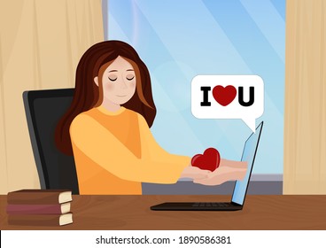 Virtual Valentine's Day. Girl is chatting online via video communication on laptop. Remote dating at a distance during quarantine. Vector flat illustration isolated.