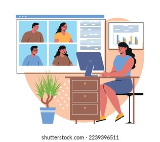 Virtual video conference call. Remote employee or freelancer communicates with colleagues online. Internet meeting of partners. Discussion of business problems. Cartoon flat vector illustration