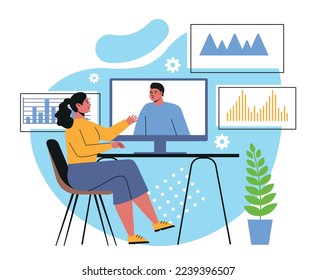 Virtual video conference call. Young female employee of company talking with colleague on computer screen. Remote meeting of partners or staff. Online work from home. Cartoon flat vector illustration