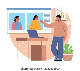 Virtual video conference call. Young male entrepreneur discussing project or solving business problems with colleagues online. Remote meeting of office employees. Cartoon flat vector illustration