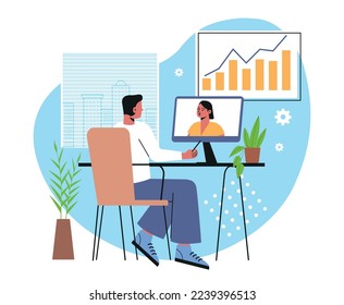 Videoconferencia virtual. Un joven se comunica con un colega en la pantalla del ordenador. Los empleados o empresarios remotos analizan las estadísticas de negocios en línea. Dibujo vectorial plano de dibujos animados