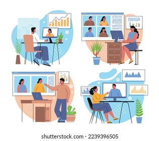 Virtual video conference. Set of man and women communicating with colleagues online. Remote employees discuss projects and business tasks. Cartoon flat vector collection isolated on white background