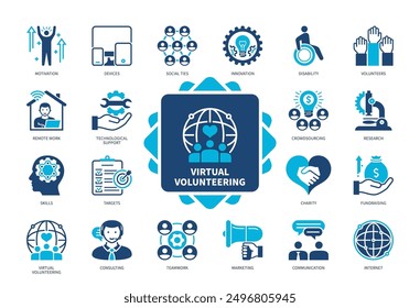 Virtual Volunteering icon set. Social Ties, Disability, Charity, Remote Work, Crowdsourcing, Fundraising, Teamwork, Targets. Duotone color solid icons