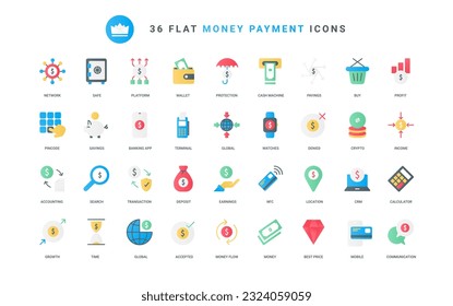 Virtual wallet and banking mobile app, piggy bank and protection for transfers and earnings. Digital payment, money payment and transaction trendy flat icons set vector illustration