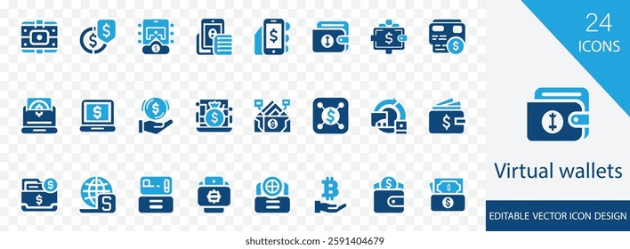 Virtual  Wallets icon set.  containing Swift Coins, Wallet Wave, Vault, Cloud Cash, Virtual Cash and vector icons. solid illustration design 