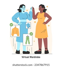 Armario virtual. Los personajes recogen ropa en línea, haciendo una combinación digital de ropa. Las redes sociales en línea compran y adaptan la tecnología. Ilustración vectorial plana