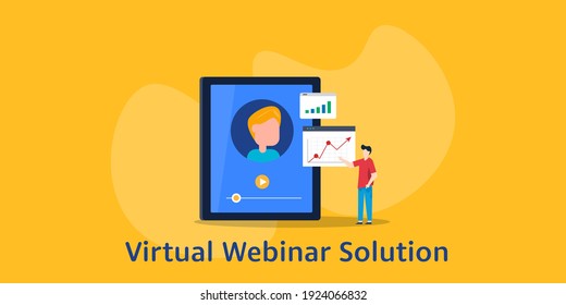 Virtual Webinar, Video Conference On Mobile, Web Conferencing, Webcast - Conceptual Flat Design Vector Banner Illustration