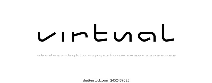 Virtual Wide Future Schriftart, Cyber-Alphabet, trendige Originalbuchstaben von A bis Z und Zahlen von 0 bis 9, Vektorillustration 10EPS