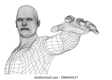 Virtual wireframe a man holds his hand in front of him and looks ahead. Vector rendering of 3d. Wire-frame style