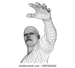 Virtual wireframe a man holds his hand in front of him and looks ahead. Vector rendering of 3d. Wire-frame style