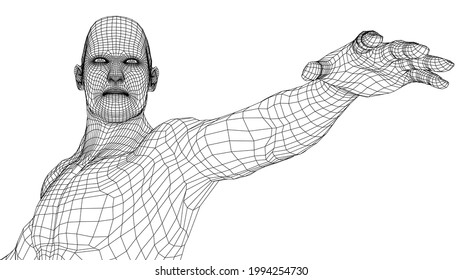 Virtual wireframe a man holds his hand in front of him and looks ahead. Vector rendering of 3d. Wire-frame style