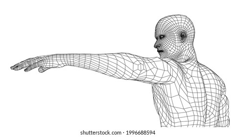 Virtual wireframe a man holds his hand in front of him and looks ahead. Vector rendering of 3d. Wire-frame style