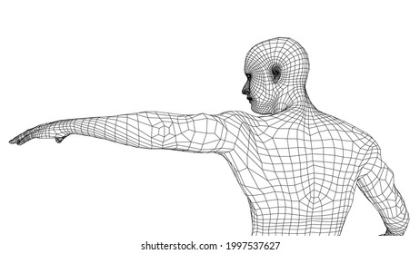 Virtual wireframe a man holds his hand in front of him and looks ahead. Vector rendering of 3d. Wire-frame style