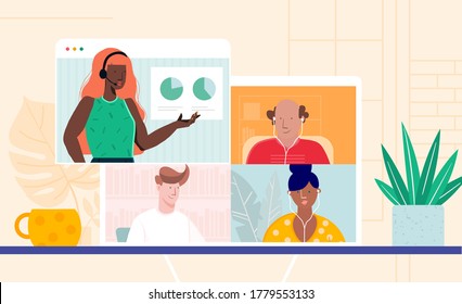 Virtual work concept. A team talking on video conference when working remotely during coronavirus. Colorful flat vector illustration.