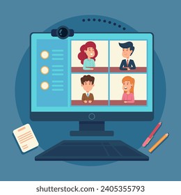 Virtuelles Arbeitskonferenzen Tagung Vektorgrafik. Computer mit Geschäftsleuten, die online kommunizieren. Geschäftstreffen online, Kommunikationskonzept