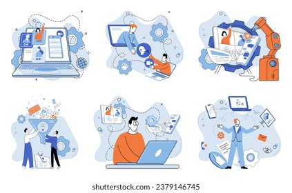 Reunión virtual de trabajo. Ilustración vectorial. Las negociaciones pueden tener lugar a través de plataformas en línea, independientemente de la ubicación. La comunicación efectiva es esencial en las reuniones de trabajo virtuales para que tengan éxito