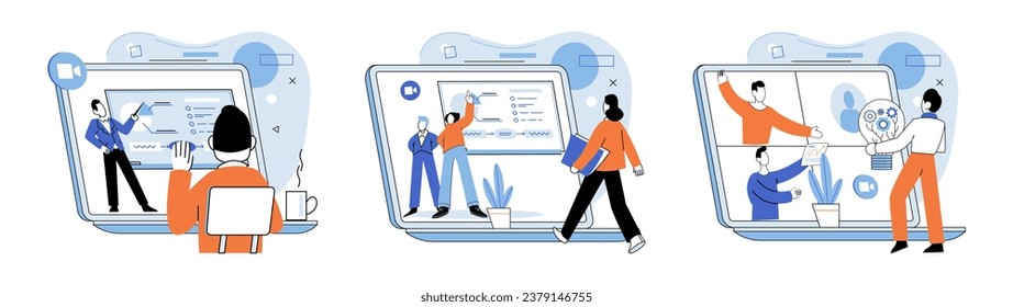 Virtual work meeting. Vector illustration. Virtual work meetings enable efficient communication and collaboration International connections are made possible through online networking platforms