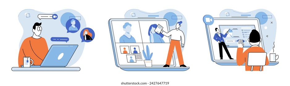 Virtual work meeting. Vector illustration. Finance professionals utilize online networking platforms for industry connections Remote work has become increasingly prevalent due to advancements