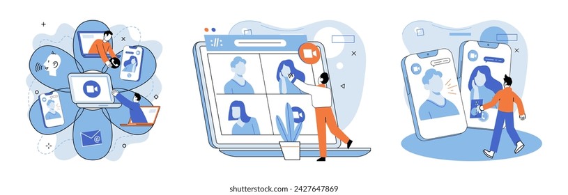 Virtual work meeting. Vector illustration. The virtual work meeting metaphorically represents digital gathering professionals Finance professionals leverage online networking for industry connections