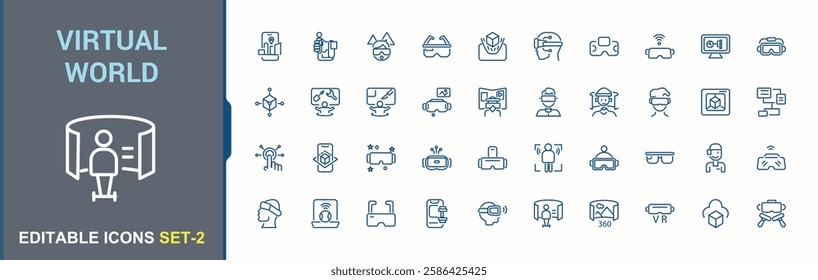 Virtual World lined icons set. Contains such minimalist icons as cyber, head, simulation, eye, controller and more. Vector illustration in modern line style.