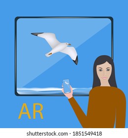 Virtual World. Seascape, seagull, tablet, woman with smartphone. Augmented reality. Modern technologies. Internet business project.