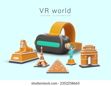 Virtual world. Training educational simulator. Visiting world sights, traveling in digital world. Cyberspace. VR 3D glasses, Sphinx, Pyramid, Eiffel Tower, Statue of Liberty, India Gate