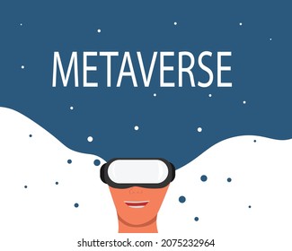 virtual world travel in metaverse. man face blue background. vector illustration.