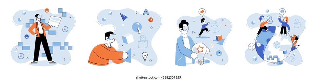 Virtual world vector illustration. The virtual space within digital world allows for visualisation complex digital content The internet serves as gateway to virtual world, facilitating online