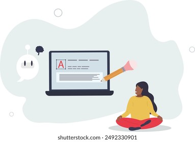 Tutor de escritura virtual y asistente de inteligencia artificial digital para texto. Asistencia de inteligencia artificial creativa para libro innovador o documento. diseño plano. ilustración con personas.
