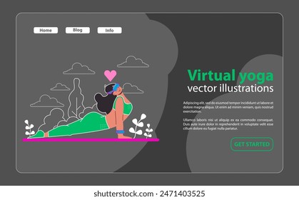 Virtual yoga. Find your center with VR-enhanced yoga poses. Deepen your practice in serene virtual settings. Technology meets tranquility for holistic well-being. Flat vector illustration.