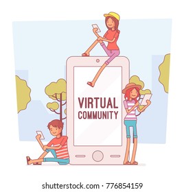 Virtual youth communication. Audio, video or text interaction with friends, contacts with imaginary group, speaking, writing without meeting. Vector business concept line art illustration