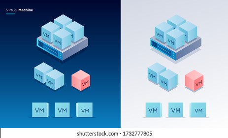 Virtualization Symbolized Schema, VMs On Server Rack. Virtual Machine On Server Rack.