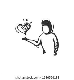 Virtue line icon. Person holding hand for heart. Outline drawing. Ethically good and honorable traits. Moral excellence concept. Isolated vector illustration