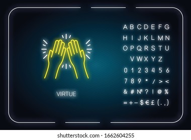 Virtue neon light icon. Outer glowing effect. Sign with alphabet, numbers and symbols. Selfless care, concern. Kindness, charity relief, voluntary support. Vector isolated RGB color illustration
