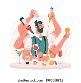 Virtuoso bartender making cocktails and mixing drinks. Isolated skillful barman with bottles of alcohol, glasses and orange fruits. Serving orders in bar or pub. Flat cartoon character vector