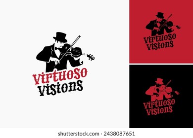 Virtuoso Vision logo design template, Close up of person playing violin with hat on, perfect for music websites, concert posters, educational materials, and artistic projects.