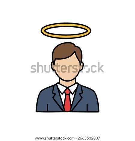 Virtuous Professional with Aura. Flat design icon of a male figure in formal attire with a golden halo, symbolizing integrity, honesty, and ethical conduct.