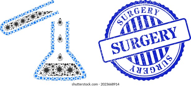Virulent collage chemical liquid glasses icon, and grunge SURGERY seal stamp. Chemical liquid glasses collage for epidemic images, and rubber round blue stamp imprint.