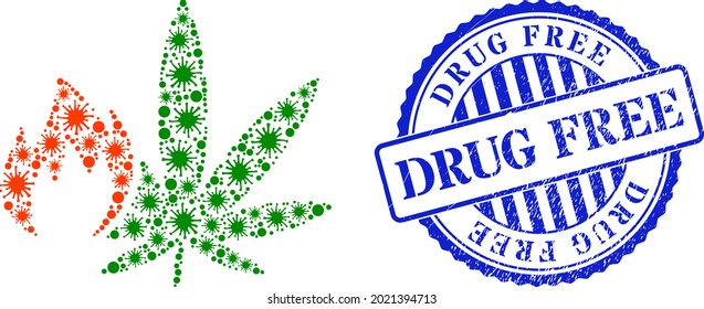 Virulent collage hot cannabis icon, and grunge DRUG FREE seal stamp. Hot cannabis collage for breakout templates, and scratched round blue seal print.