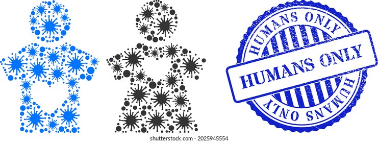Virulentos amantes del collage emparejan un icono, y grunge HUMANS SÓLO estampado. Collage de los amantes para plantillas epidémicas y un sello azul redondo sucio. El collage vectorial se crea a partir de elementos dispersos y virulentos.