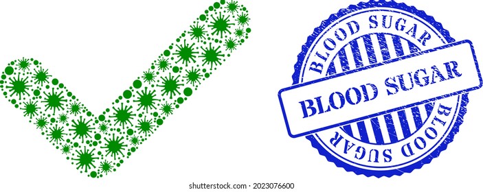 Icono válido de collage virulento y sello de sello de sello AZÚCAR en SANGRE. Colage válido para plantillas epidémicas y sello azul redondo grueso. El collage vectorial se forma a partir de iconos virales aleatorios.