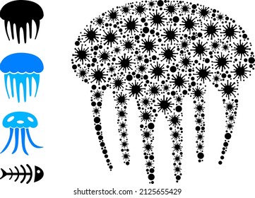 Virulent mosaic jelly fish icon, and bonus icons. Jelly fish collage for breakout templates. Vector collage is composed with scattered bacilla icons.