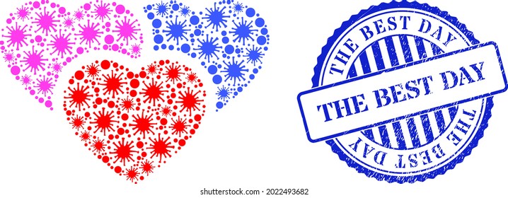 Virulent mosaic love hearts icon, and grunge THE BEST DAY seal. Love hearts mosaic for medical templates, and rubber round blue stamp seal.