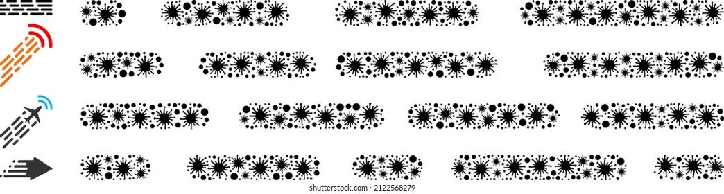Virulentas líneas de efecto de transición de mosaico y iconos de bonificación. Efecto de transición línea mosaico para imágenes epidémicas. El collage de vectores está diseñado con iconos contagiosos aleatorios.